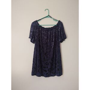 Forever 21 Women's Size Small Navy Blue Velvet Off the Shoulder Tunic Top Blouse